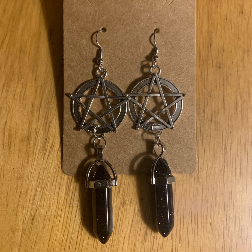 Silver pentagram and gem earrings
